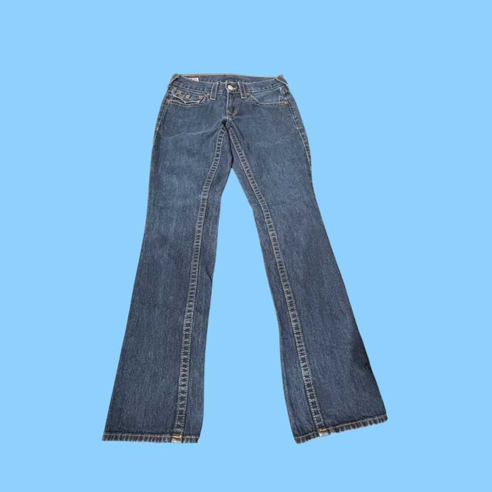 True Religion Mens Ricky Straight Leg Jeans Size 28 Seat 34 Dark Blue Cotton USA